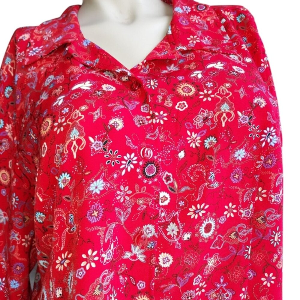 Christopher and Banks Size XL Women's Floral 3/4 Sleeve Red Button Down Top - Picture 3 of 16